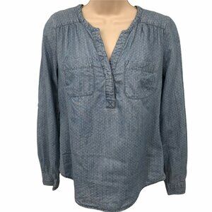 Sonoma Womens Blue Chambray Dot Pattern Split Neck Long Sleeve Shirt Top XS